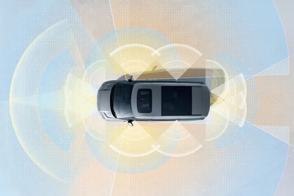 Top down view of a Zeekr 009 with a visualisation of it's safety sensors