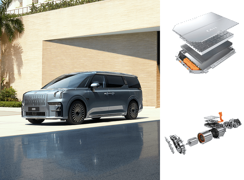 Image collage of Zeekr 009, battery and drive train