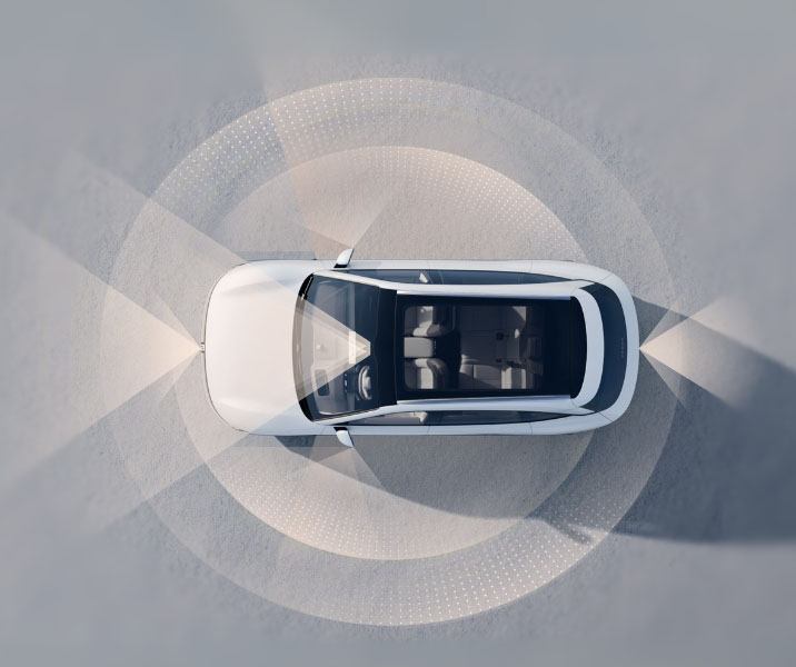 Top down view of a Zeekr car with a visualisation of the safety systems engaged
