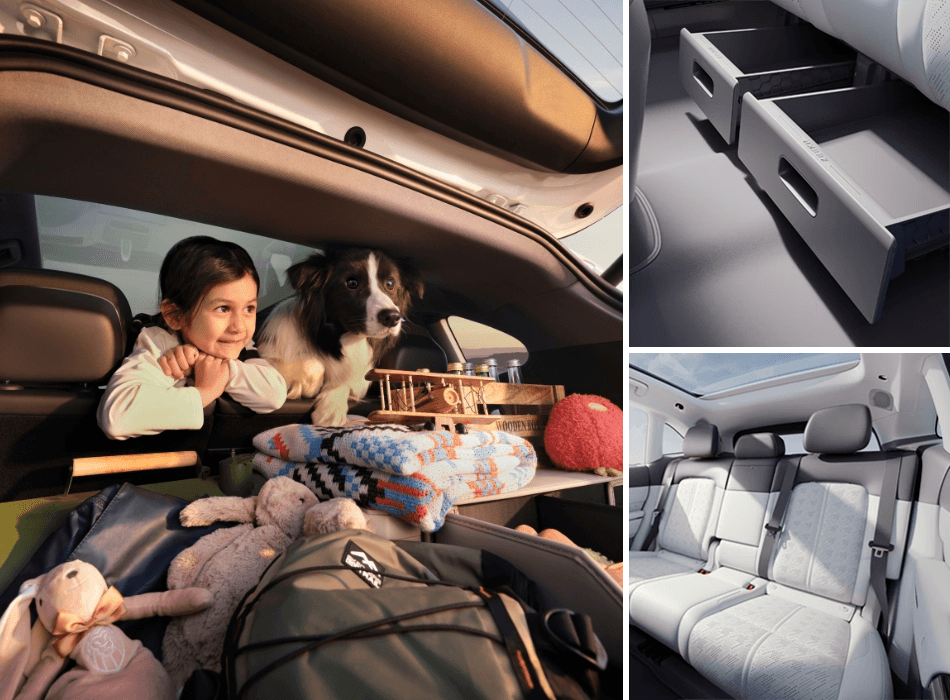 3 image collage of a Zeekr SUV's under seat storage, rear seats and a girl + her dog.
