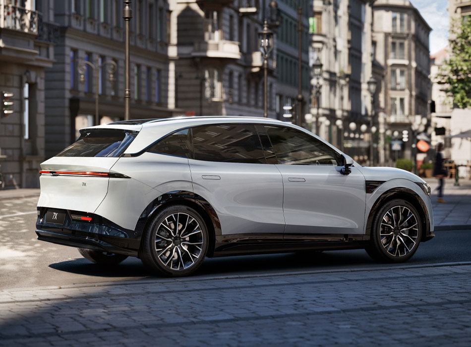 Rear angle of a white Zeekr SUV