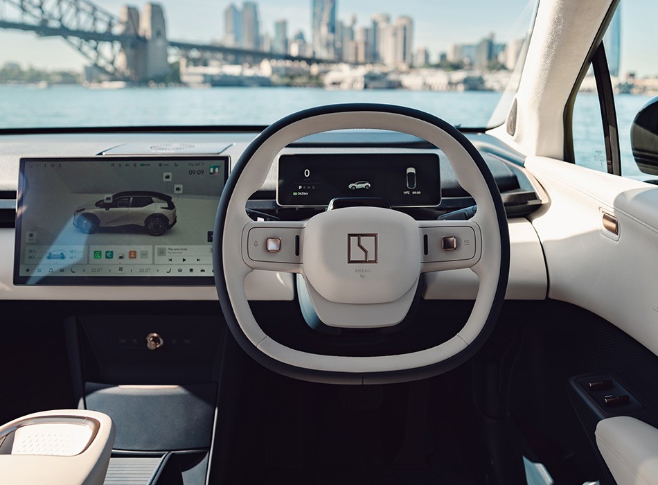 White upholstery steering wheel in a Zeekr EV