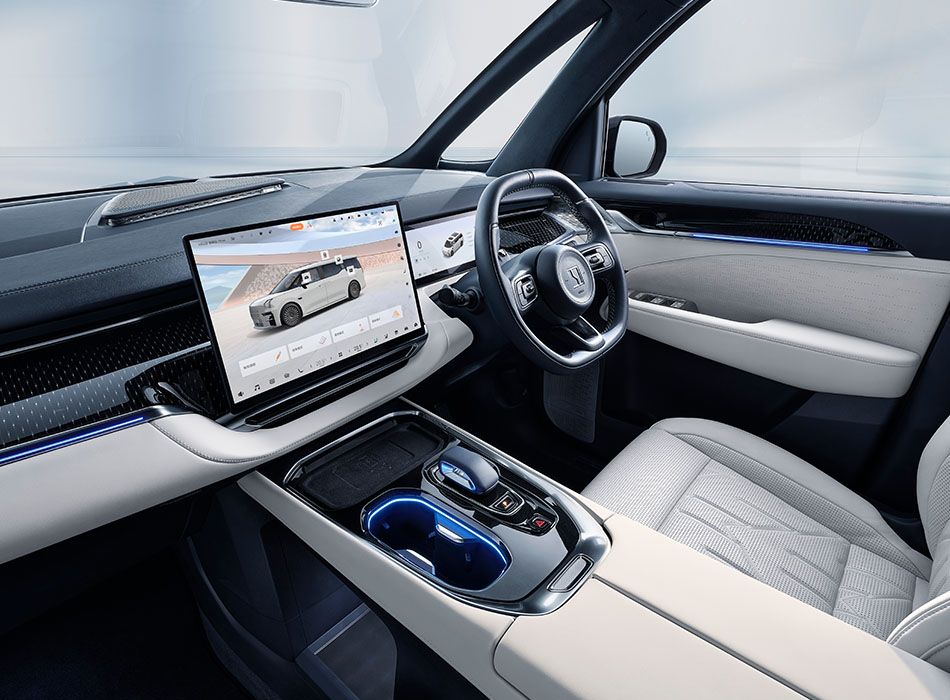 White leather right hand drive interior of a Zeekr