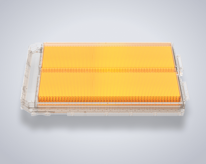 A gold zeekr battery on a plain white studio