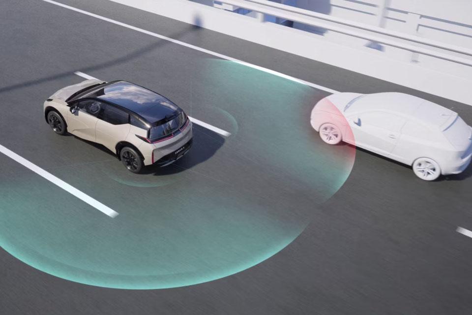 High angle image of a Zeekr with rear sensors detecting a vehicle behind it